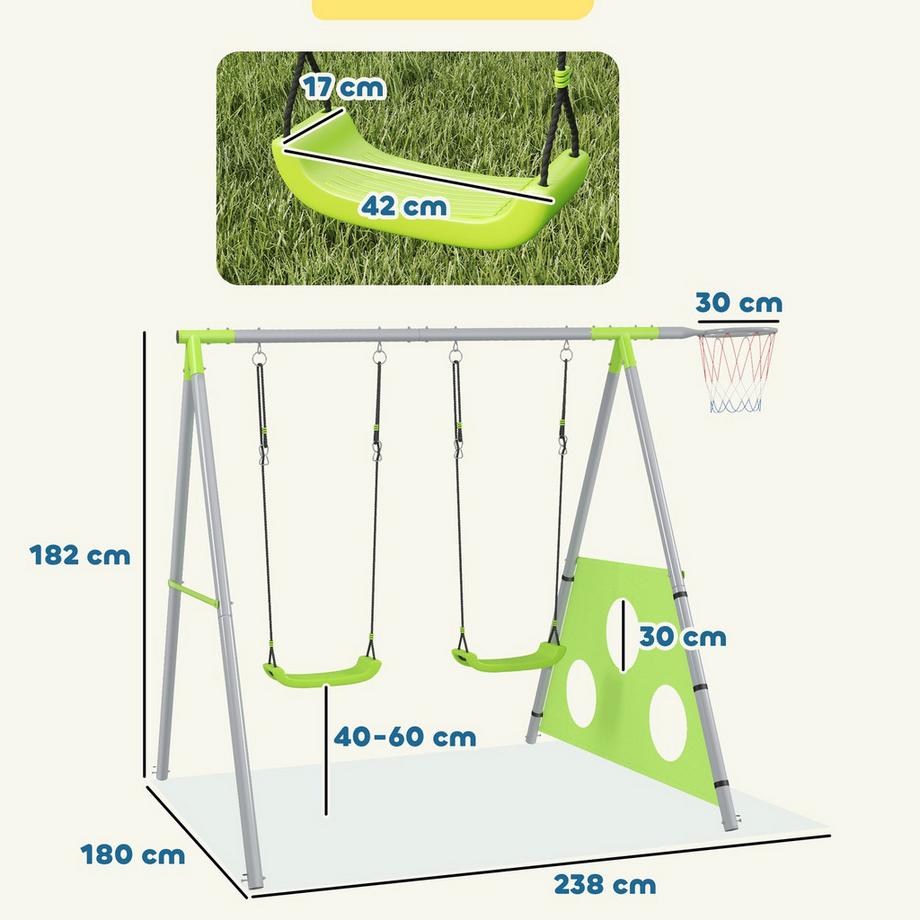 Northio Cadre de balançoire extérieur 3 en 1 avec 2 balançoires, panier de basket, but de football, balançoire pour enfants avec cadre en métal, balançoire de jardin pour enfants Aosom  