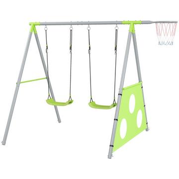 Cadre de balançoire extérieur 3 en 1 avec 2 balançoires, panier de basket, but de football, balançoire pour enfants avec cadre en métal, balançoire de jardin pour enfants Aosom