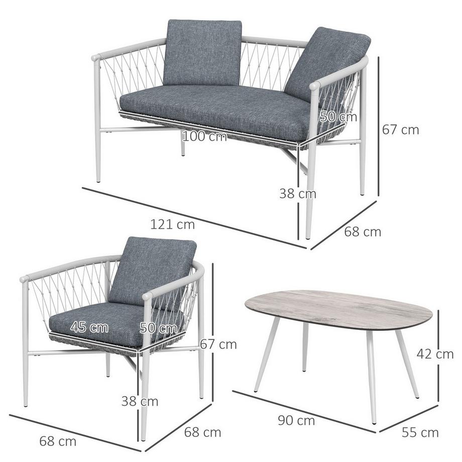 Northio Salon De Jardin 4 Pièces En Rotin, Coin Salon Avec Fonction Bascule, Salon De Jardin Comprenant 1 Table Basse, 2 Fauteuils, 1 Canapé Double, Coussins, Acier, Gris  