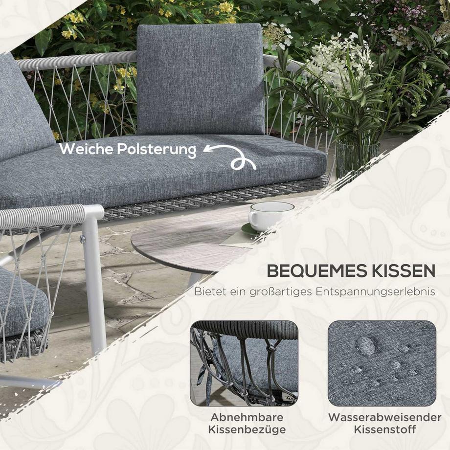 Northio Salon De Jardin 4 Pièces En Rotin, Coin Salon Avec Fonction Bascule, Salon De Jardin Comprenant 1 Table Basse, 2 Fauteuils, 1 Canapé Double, Coussins, Acier, Gris  