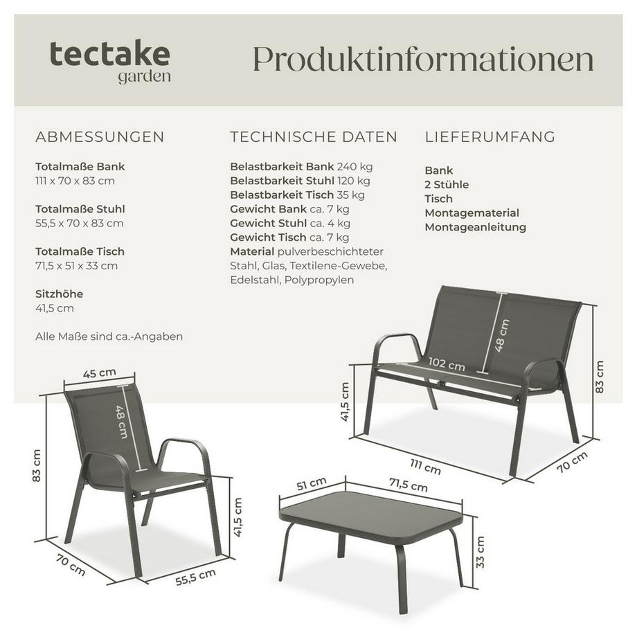 Tectake Sitzgruppe Nora für 4 Personen atmungsaktives, wasserabweisendes Textilene-Gewebe  