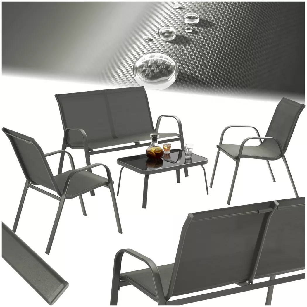 tectake® Sitzgruppe, für 4 Personen, pulverbeschichtete Stahlgestelle, mit getönter Sicherheitsglasplatte