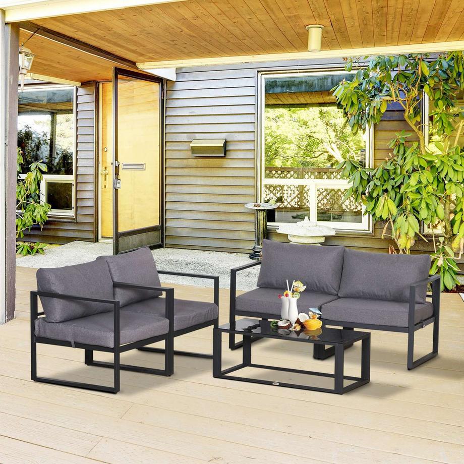 Northio Vierteiliges Gartenmöbel Set, Sitzgruppe, Sofa Mit Sitzkissen, Tisch Mit Stauraum, Polyester, Grau, 138 X 69 X 63 Cm  