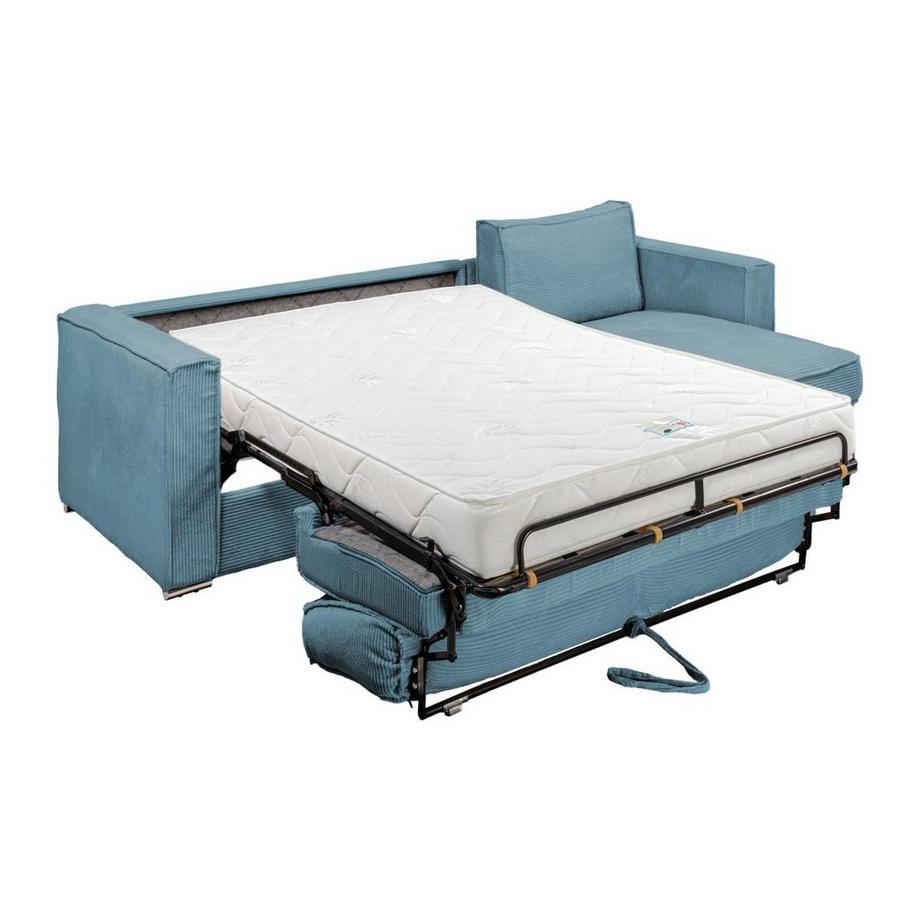 Vente-unique Canapé d'angle convertible express et réversible en velours côtelé bleu turquoise - Couchage 160 cm - Matelas 18 cm LORETO  