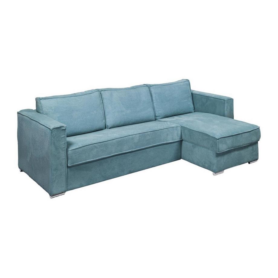 Canapé d'angle convertible express et réversible en velours côtelé bleu turquoise - Couchage 160 cm - Matelas 18 cm LORETO