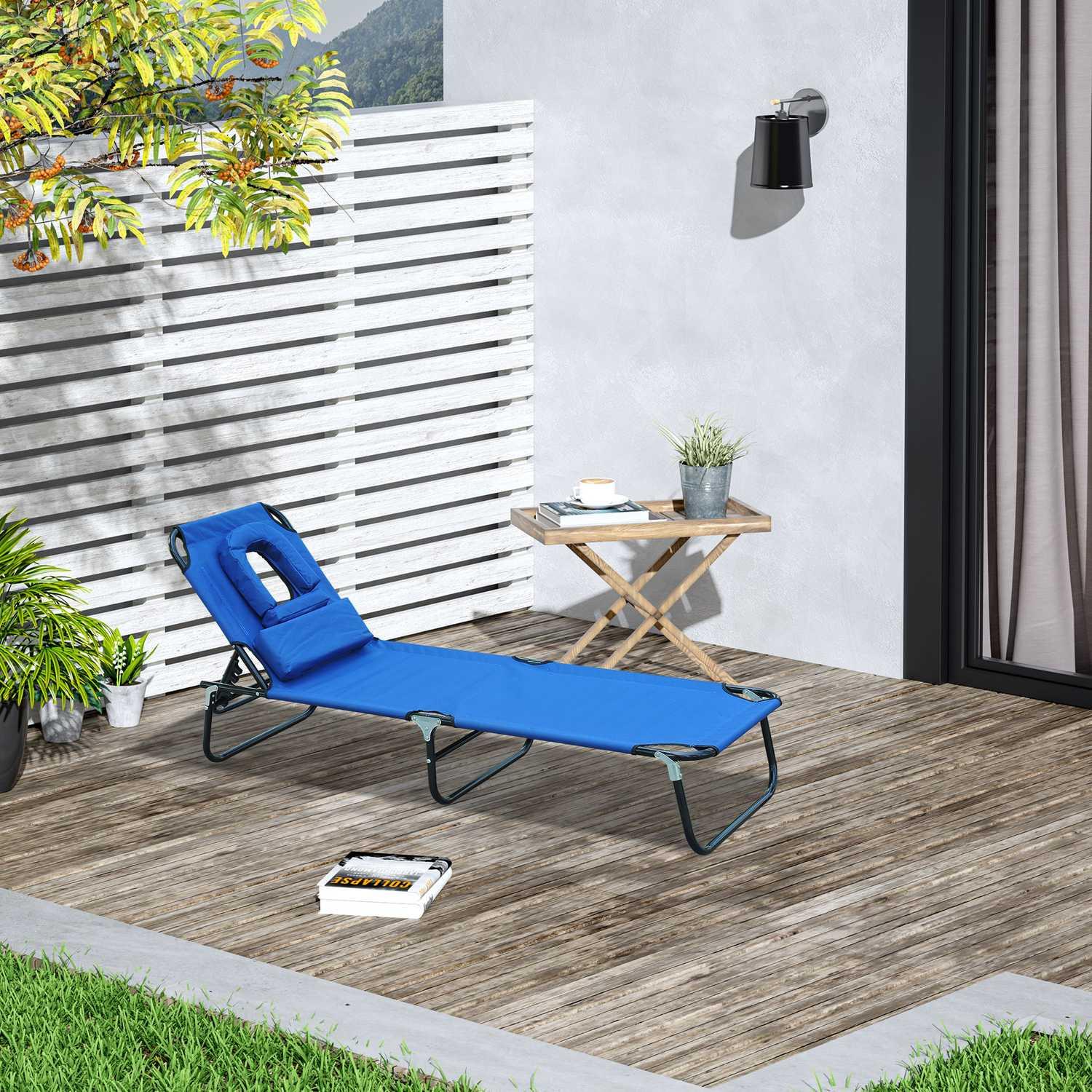 Outsunny Lettino Prendisole Lettino Da Giardino Lettino Relax Lettino Treppiede Con Finestra Di Lettura Apribile Blu  