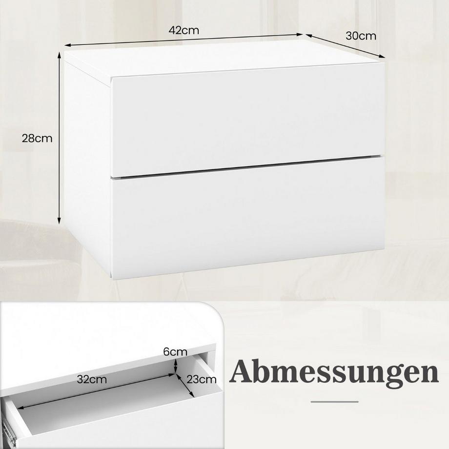 Northio Nachttisch hängend Wandregal mit 2 Schubladen Beistelltisch wandmontiert 42 x 30 x 28 cm Weiß  