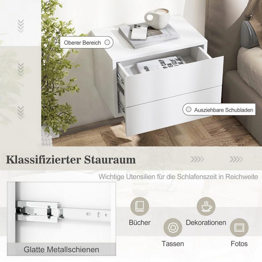 Northio Nachttisch hängend Wandregal mit 2 Schubladen Beistelltisch wandmontiert 42 x 30 x 28 cm Weiß  