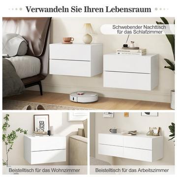 Comodino pensile, mensola a muro con 2 cassetti, tavolino montato a parete 42 x 30 x 28 cm bianco