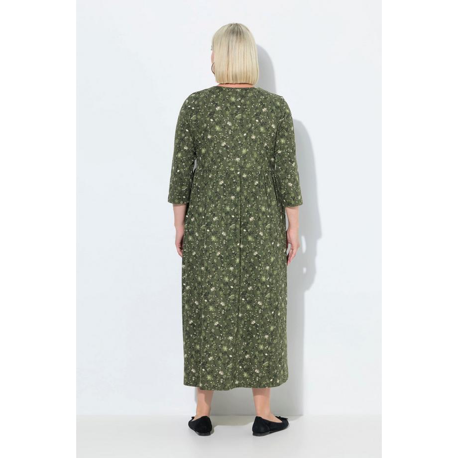Ulla Popken Jersey Maxikleid Blüten A-Linie Carré-Ausschnitt 3/4-Arm  