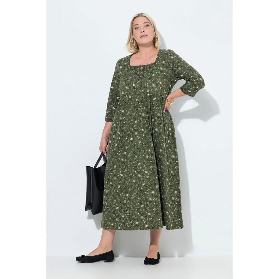 Ulla Popken Jersey Maxikleid Blüten A-Linie Carré-Ausschnitt 3/4-Arm  