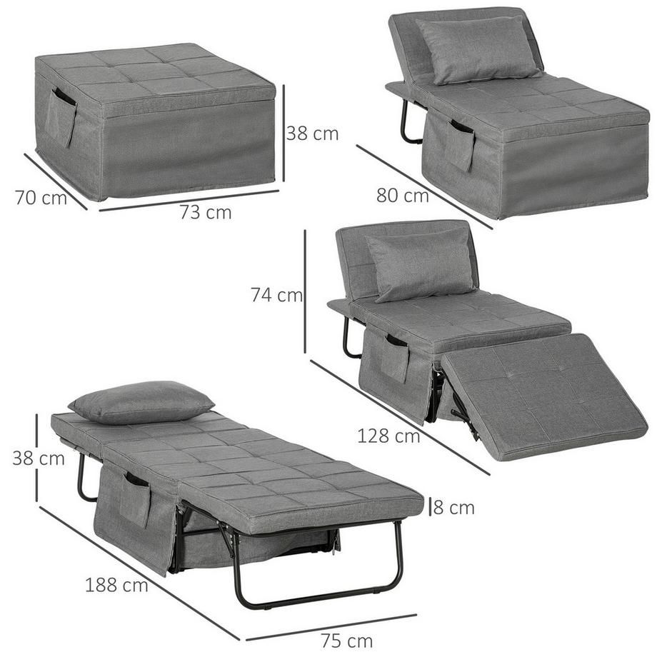 Northio 4-In-1 Einzelbett Gästebett Klappbett Sessel Ottomane, 8 Cm Matratze, 5-Stufen Höhenverstellbar, Stahlrahmen, 188X75X38Cm  