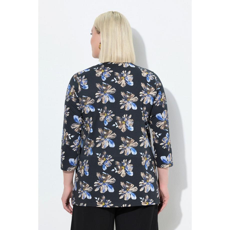 Ulla Popken T-shirt A-ligne Col V Manches 3/4 Fleuri  