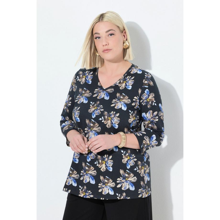 Ulla Popken T-shirt A-ligne Col V Manches 3/4 Fleuri  