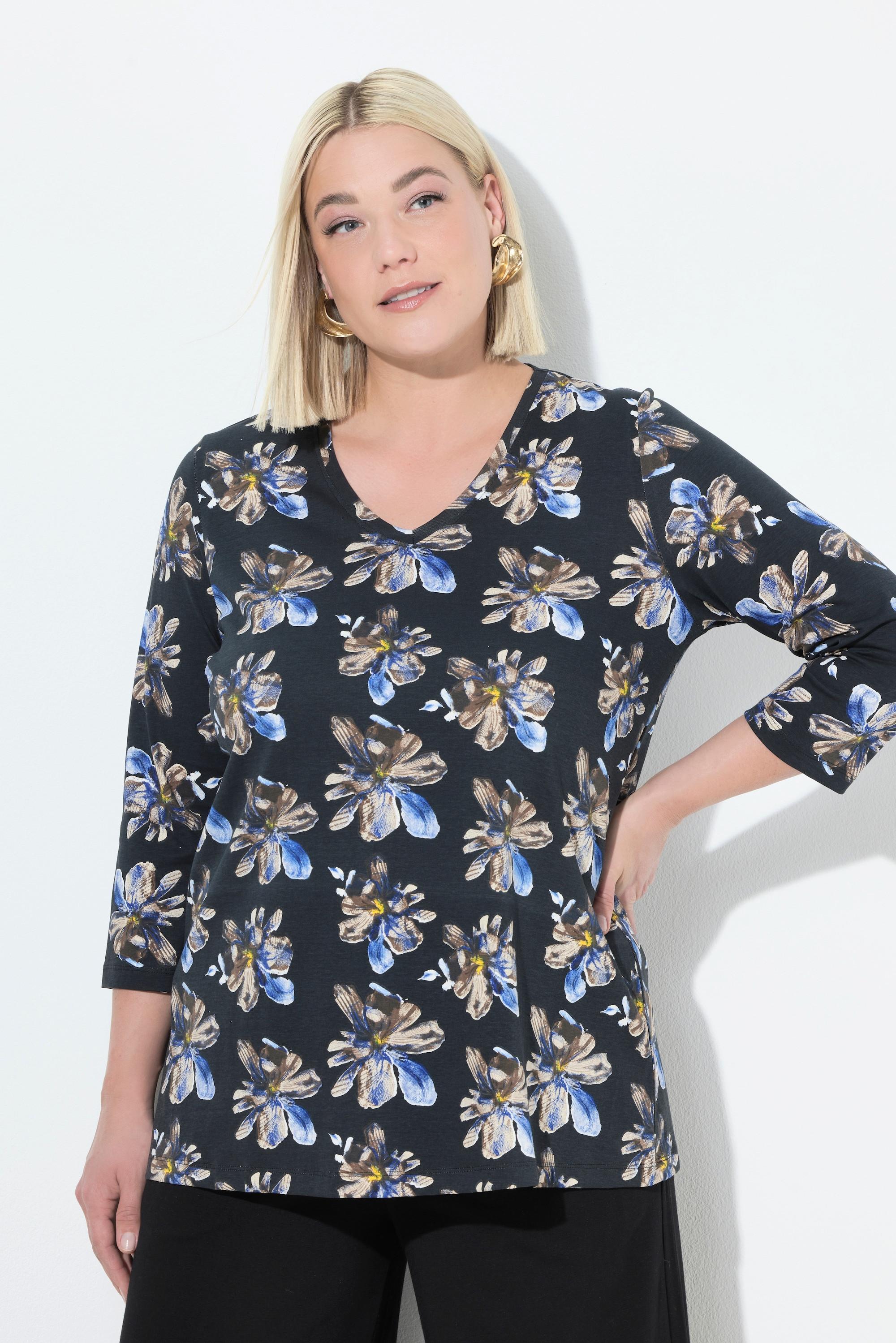 Ulla Popken A-Linie V-Ausschnitt 3/4-Arm Blumen Shirt  
