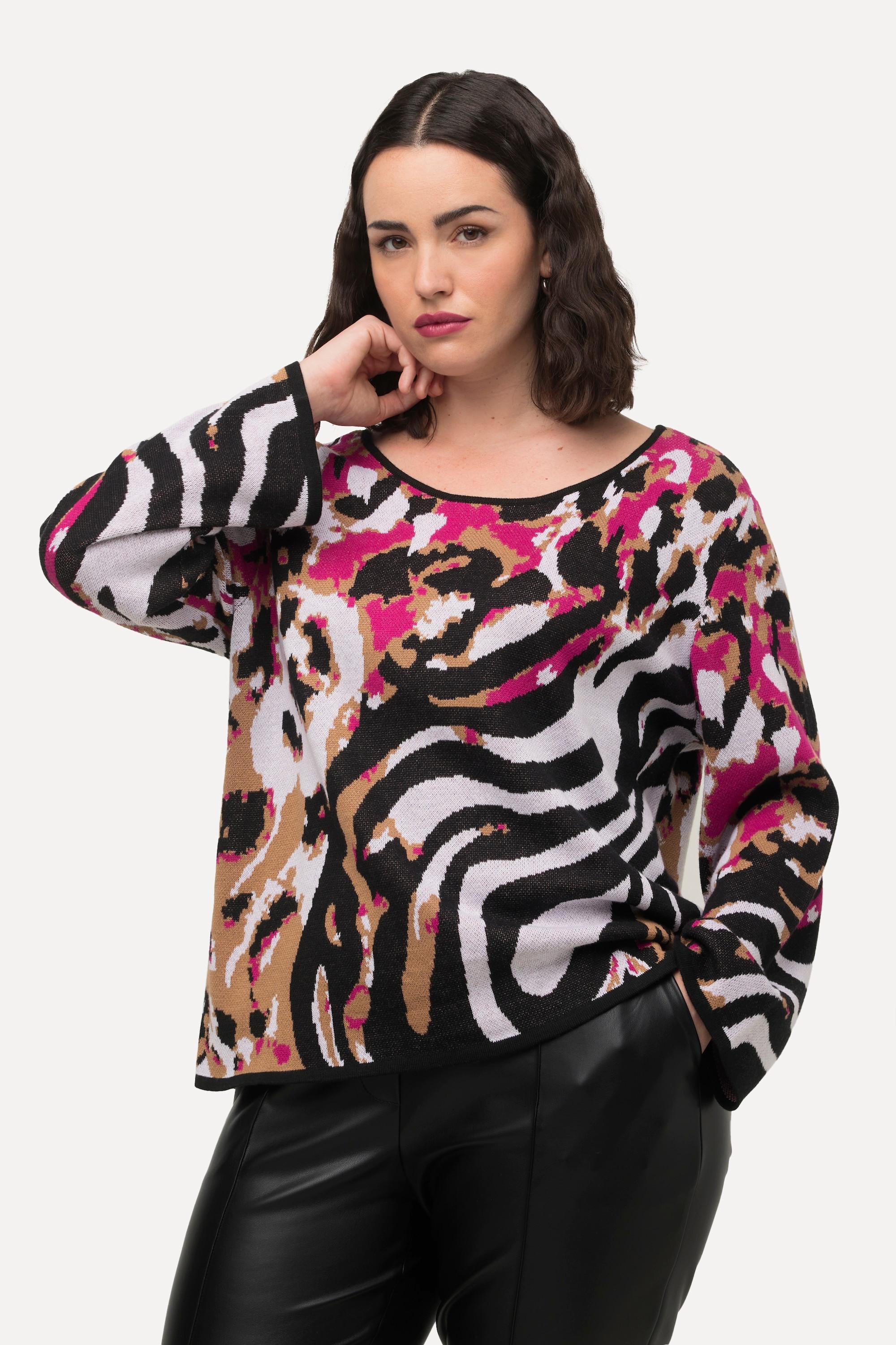 Ulla Popken Animalmuster U-Boot-Ausschnitt Langarm Pullover  