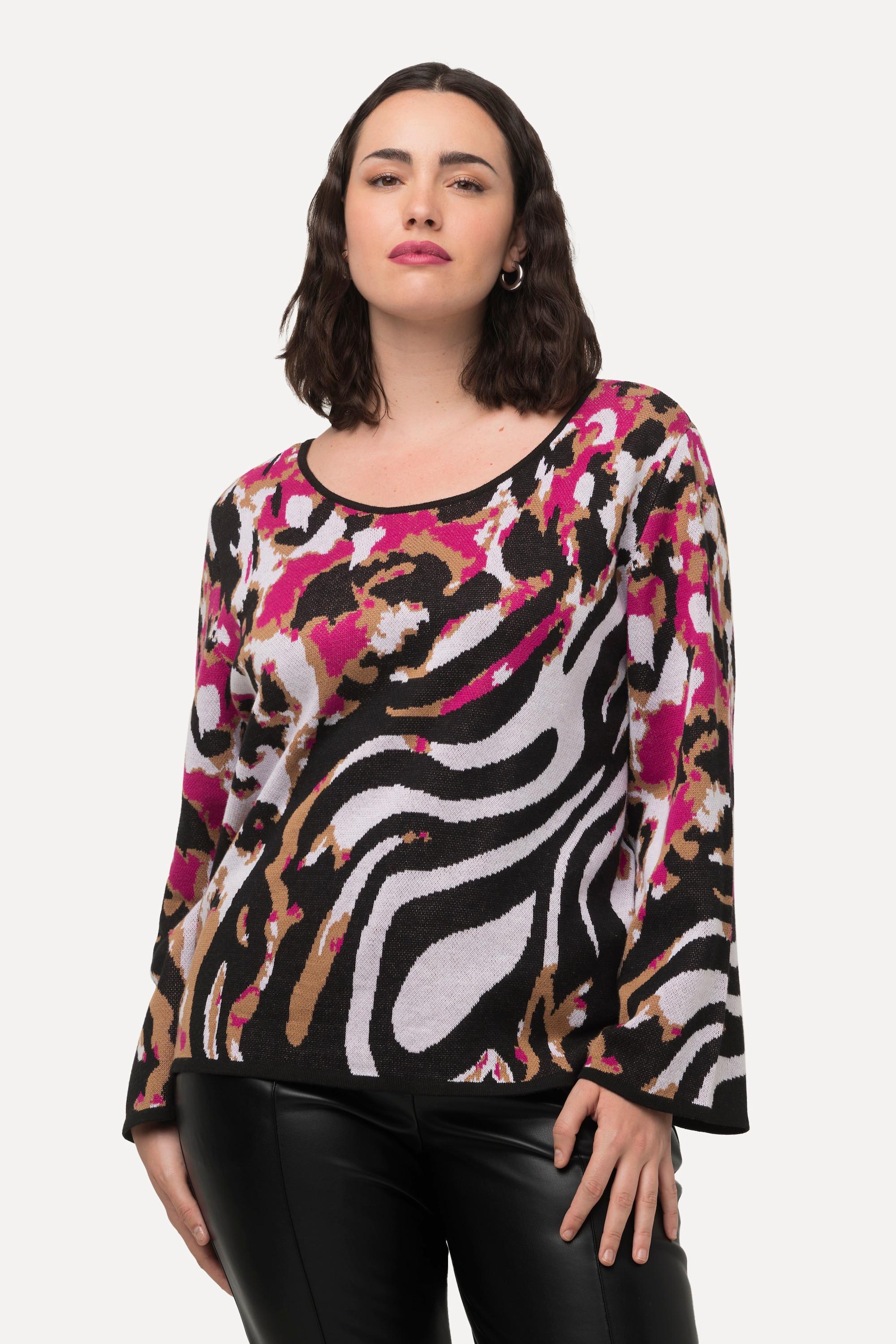 Ulla Popken Animalmuster U-Boot-Ausschnitt Langarm Pullover  