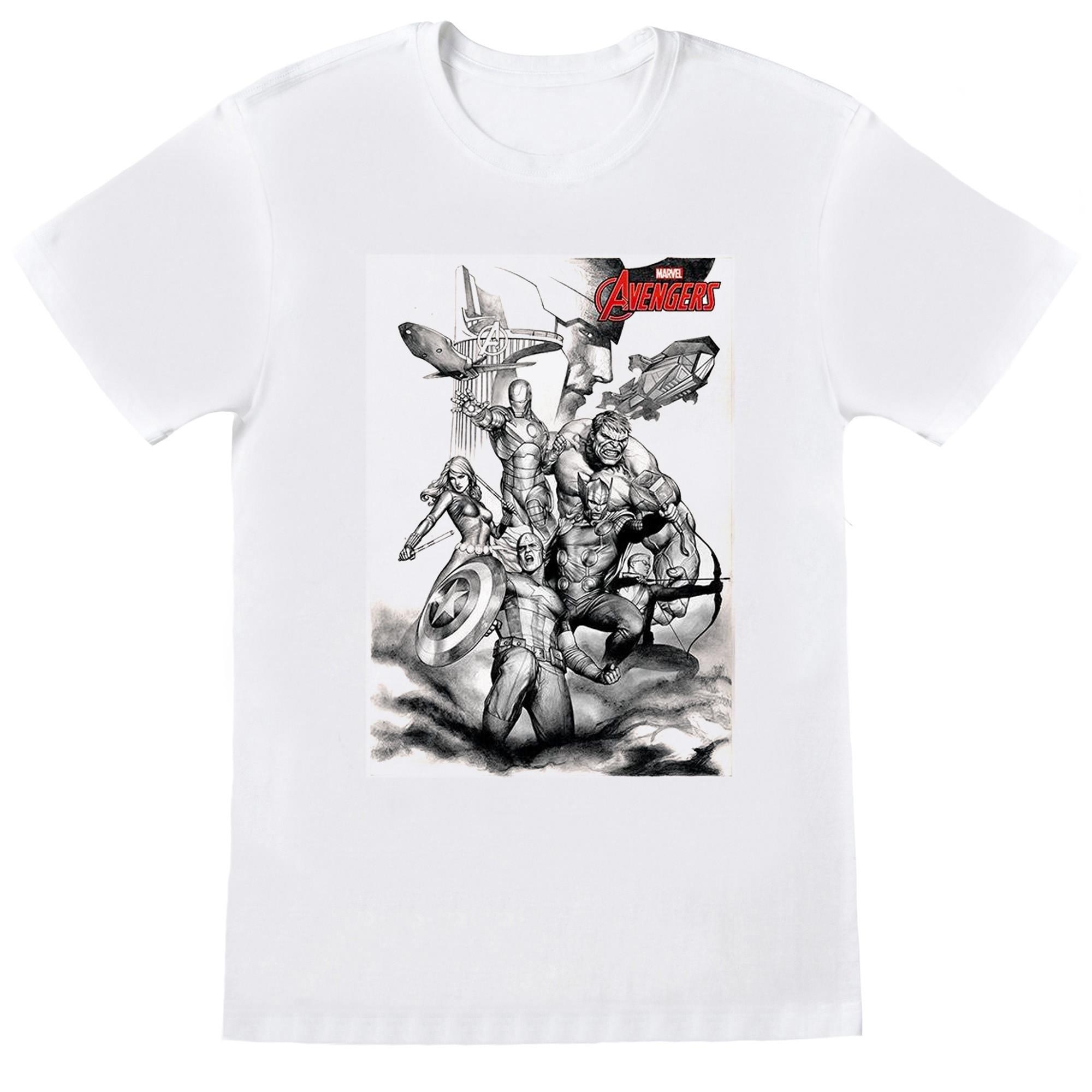 Image of Avengers Assemble Team Sketch Tshirt Unisex Weiss 128
