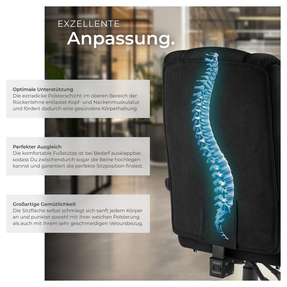 Tectake Bürostuhl Jillien dicke Polsterung mit weichem Velours verstellbare Rückenlehne und ausklappbare Fußstütze  