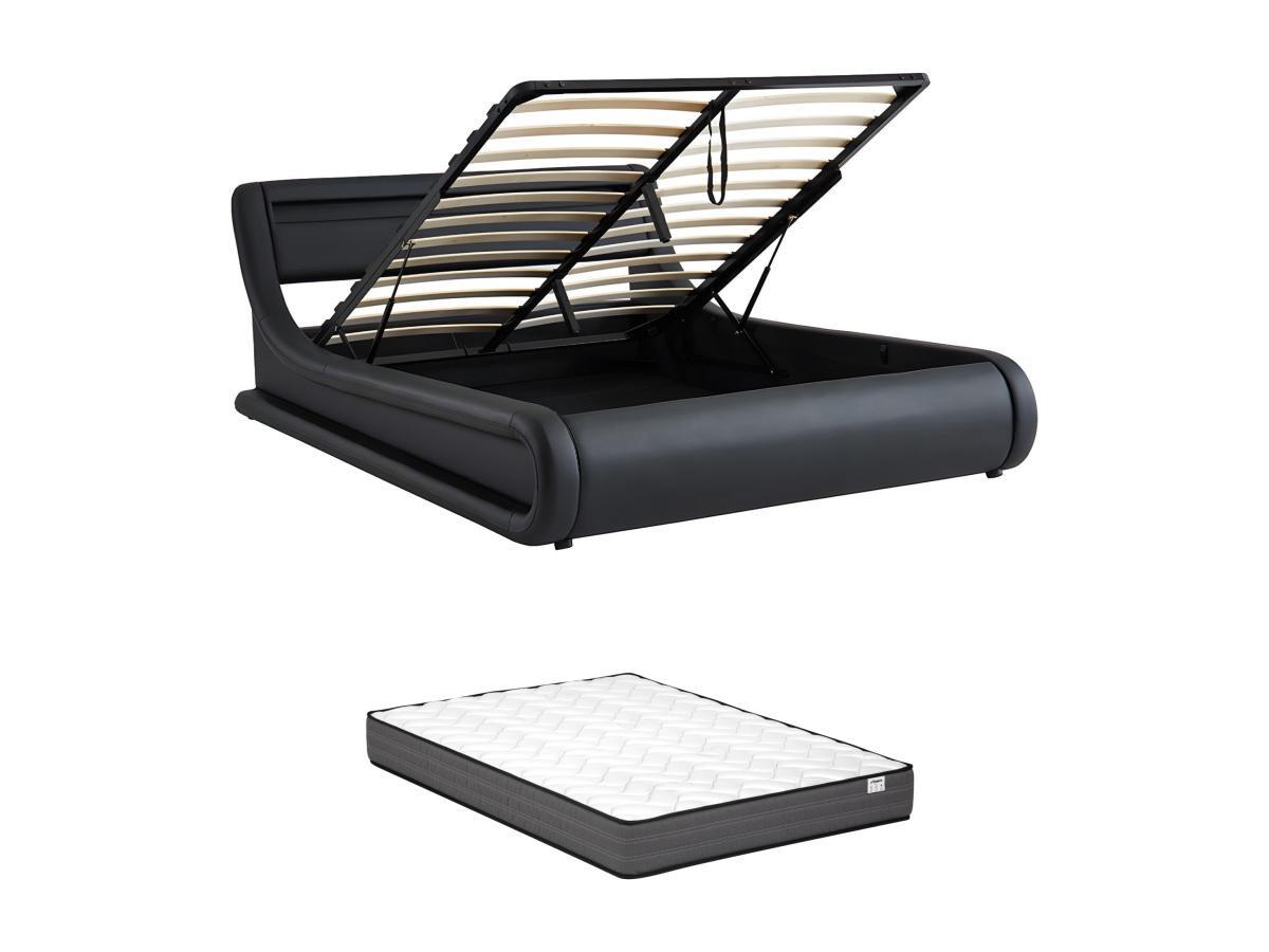 Vente-unique Lit coffre 160 x 200 cm - Avec LEDs - Simili - Noir + Matelas - IRIS II  