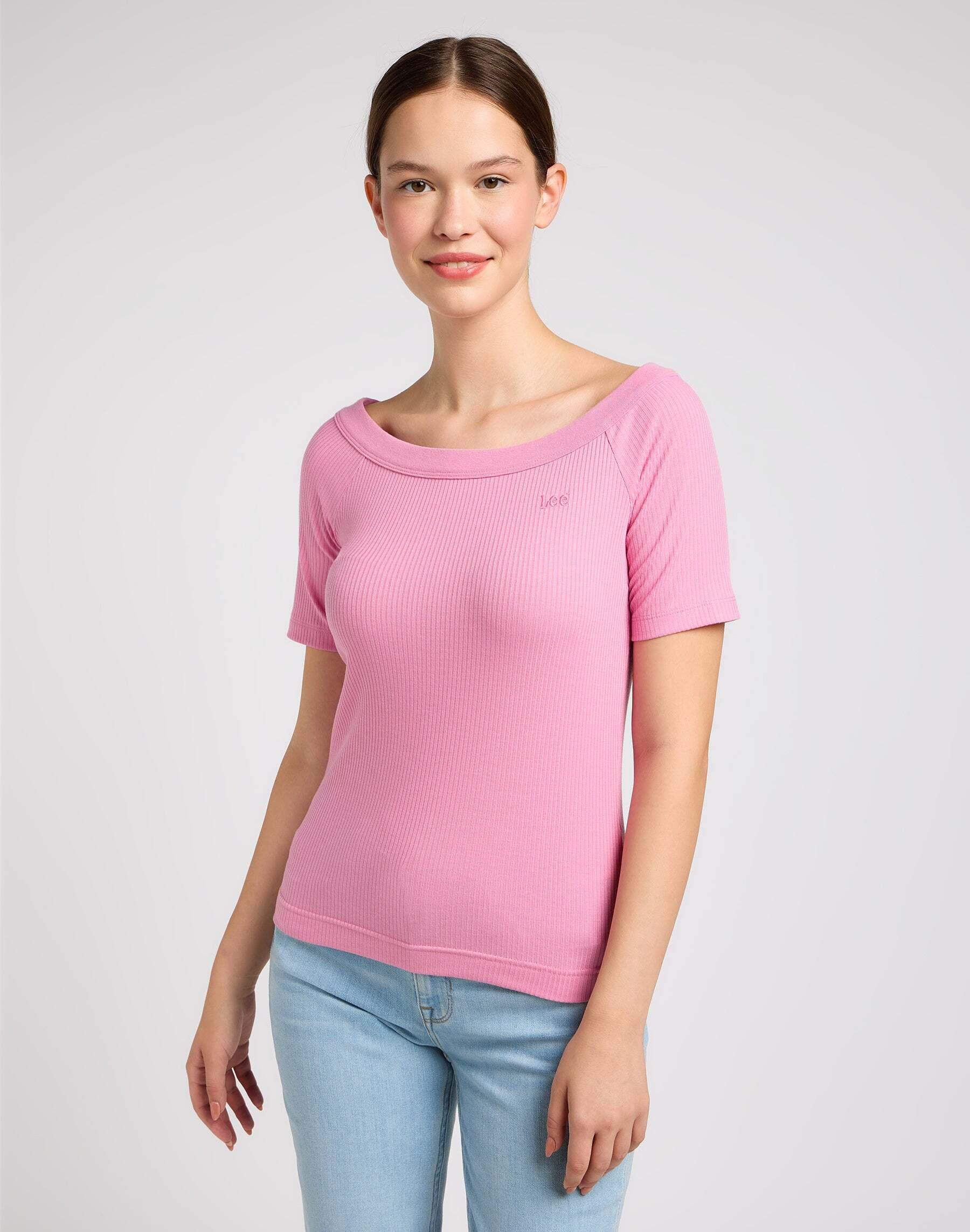 Image of T-shirts Off The Shoulder Rib Damen Rosa L