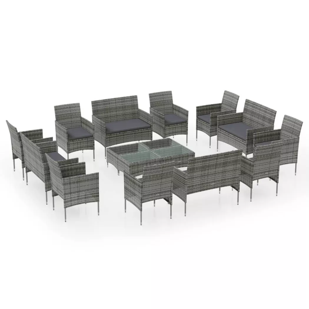 vidaXL Salon de jardin 16 pcs avec coussins Résine tressée Gris