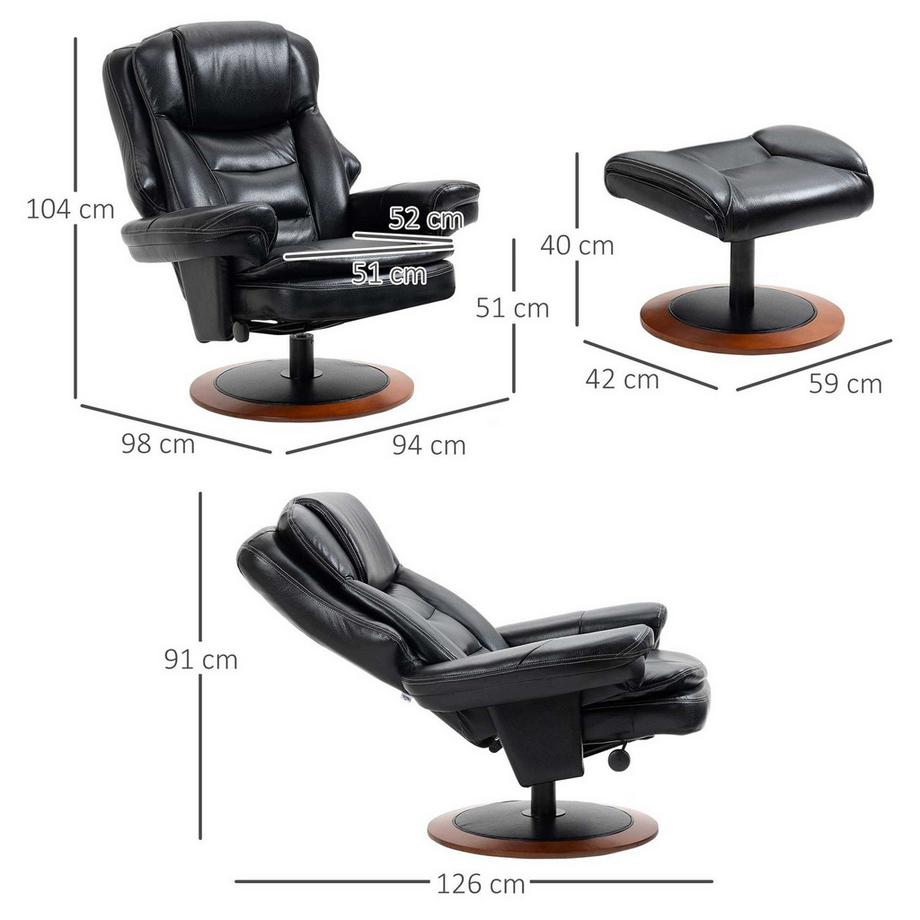 Northio Fauteuil De Relaxation Avec Pouf Et Fonction Inclinable Fauteuil Tv, Fauteuil Tv Pivotant, Jusqu'À 150 Kg, Simili Cuir, Noir  