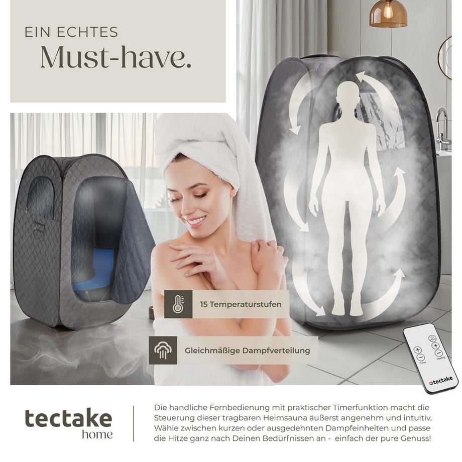 Tectake  Mobile Dampfsauna ThermaLuxe I 2 l Dampfgenerator mit 1000 W 15 Temperaturstufen und Timerfunktion 