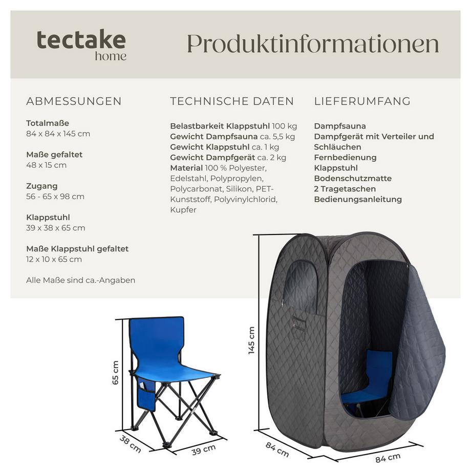 Tectake  Mobile Dampfsauna ThermaLuxe I 2 l Dampfgenerator mit 1000 W 15 Temperaturstufen und Timerfunktion 