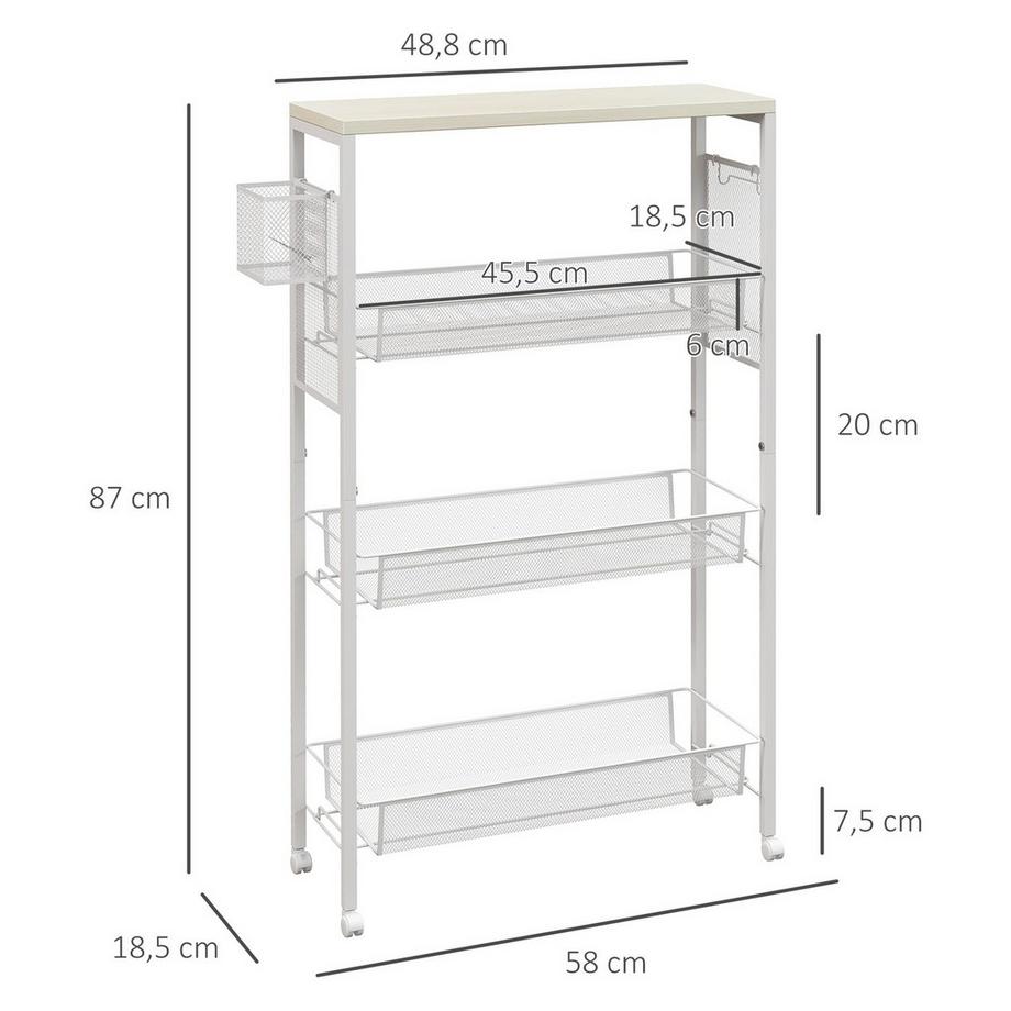 Northio Küchenwagen Servierwagen Mit 3 Ebenen, Korb, Arbeitsplatte, Haken, Stahl, 58X18,5X87 Cm, Weiß  
