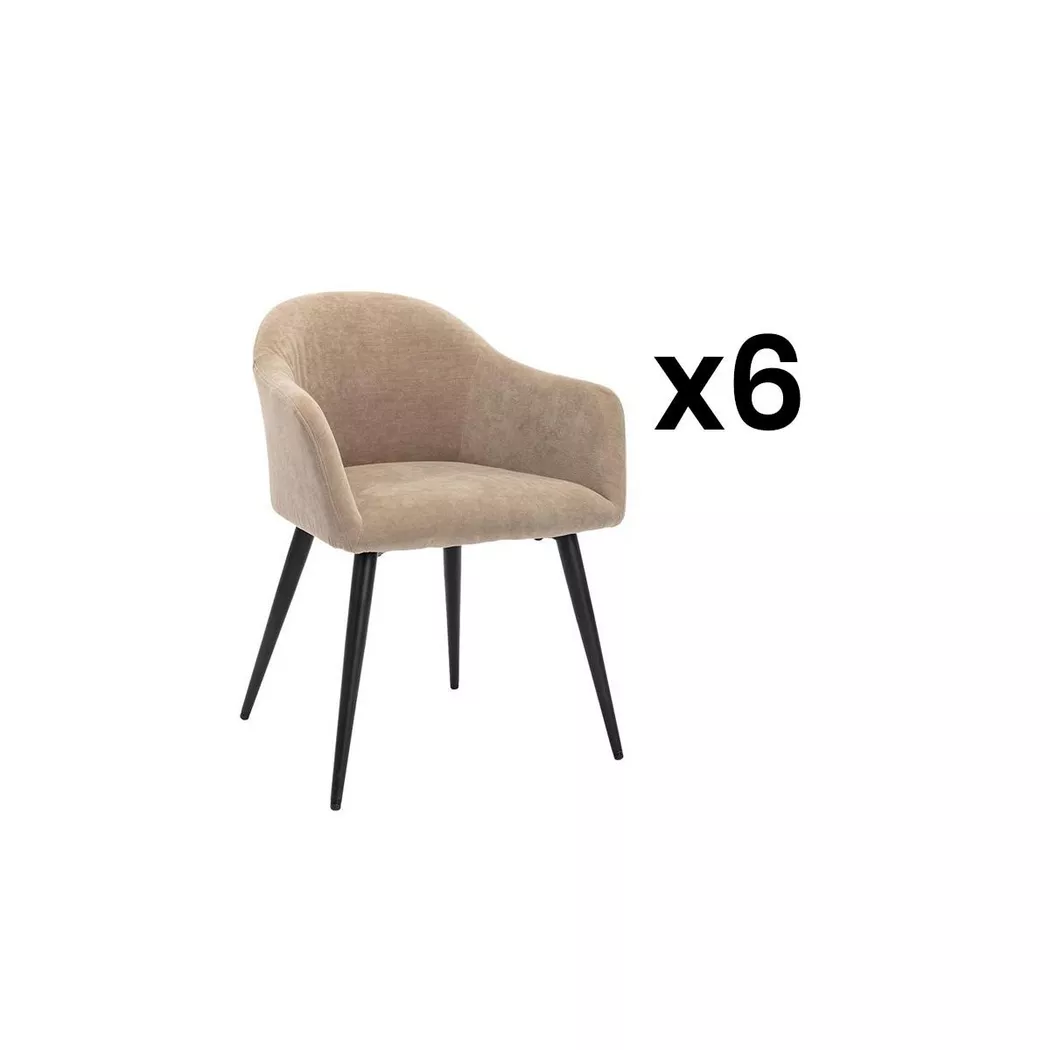 Vente-unique - Lot de 6 chaises bibo - avec accoudoirs - Effet velours & métal - Beige
