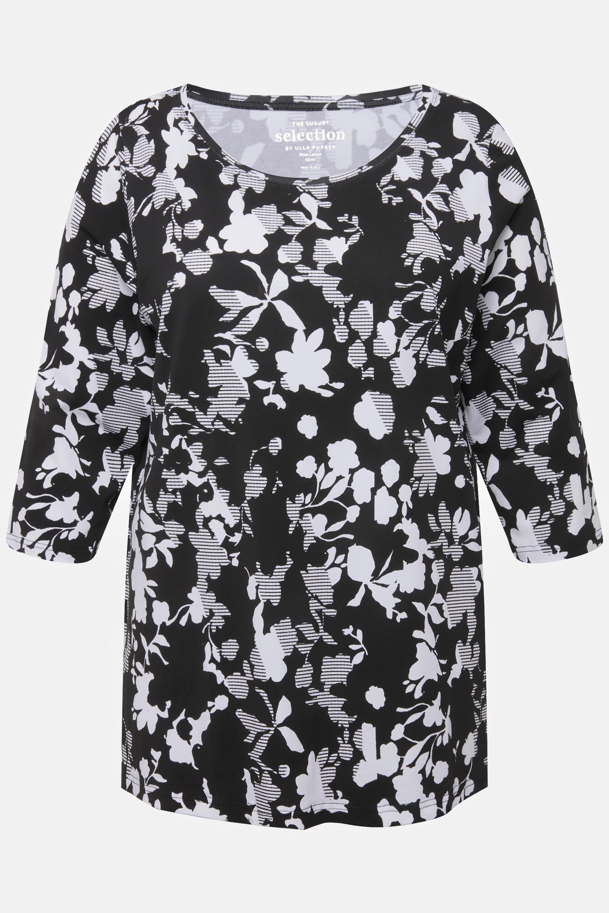 Ulla Popken  Shirt, Pima Cotton, A-Linie, Rundhals, 3/4-Arm 