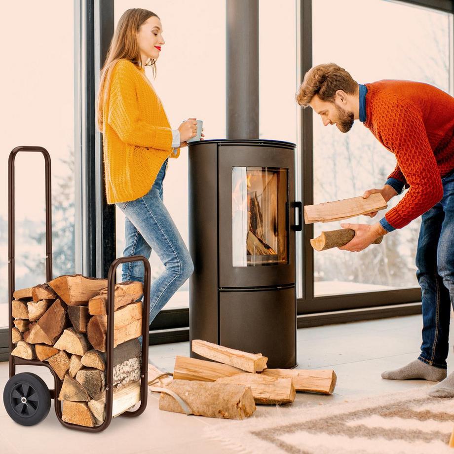 Northix Carrello in legno marrone con pneumatici in gomma  