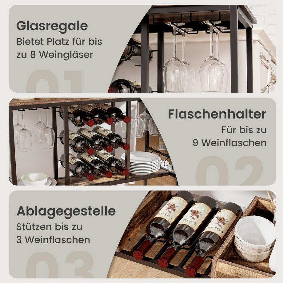 B2X Carrello da cucina a 3 livelli 108 x 40 x 91 cm con ruote & Portabicchieri e amp; Portabottiglie e portabottiglie Carrello portavivande con gancio trolley grigio  