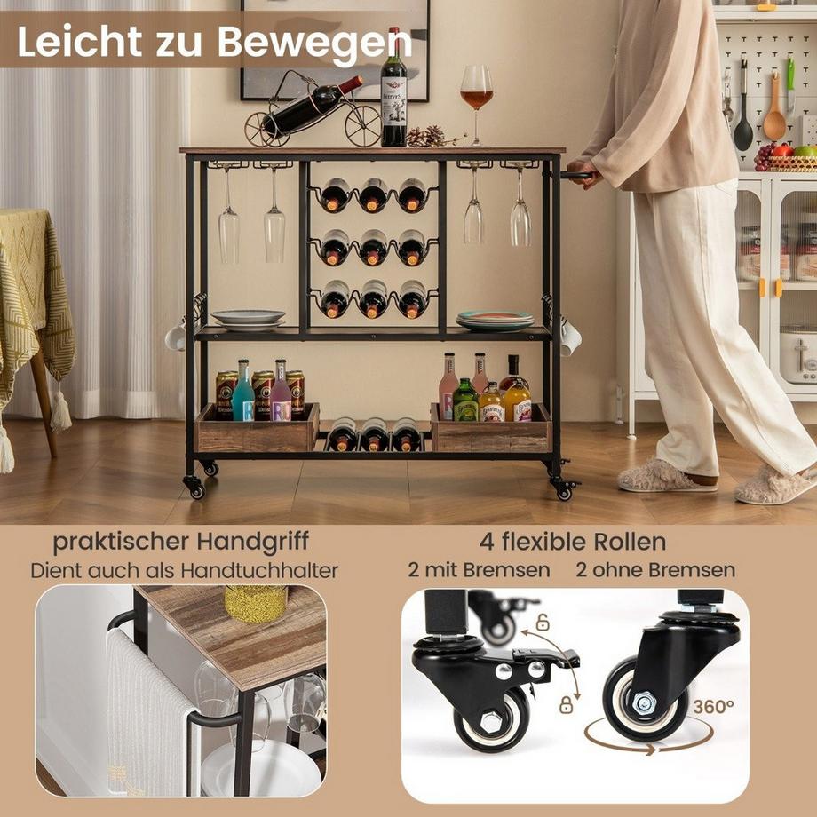 B2X Carrello da cucina a 3 livelli 108 x 40 x 91 cm con ruote & Portabicchieri e amp; Portabottiglie e portabottiglie Carrello portavivande con gancio trolley grigio  