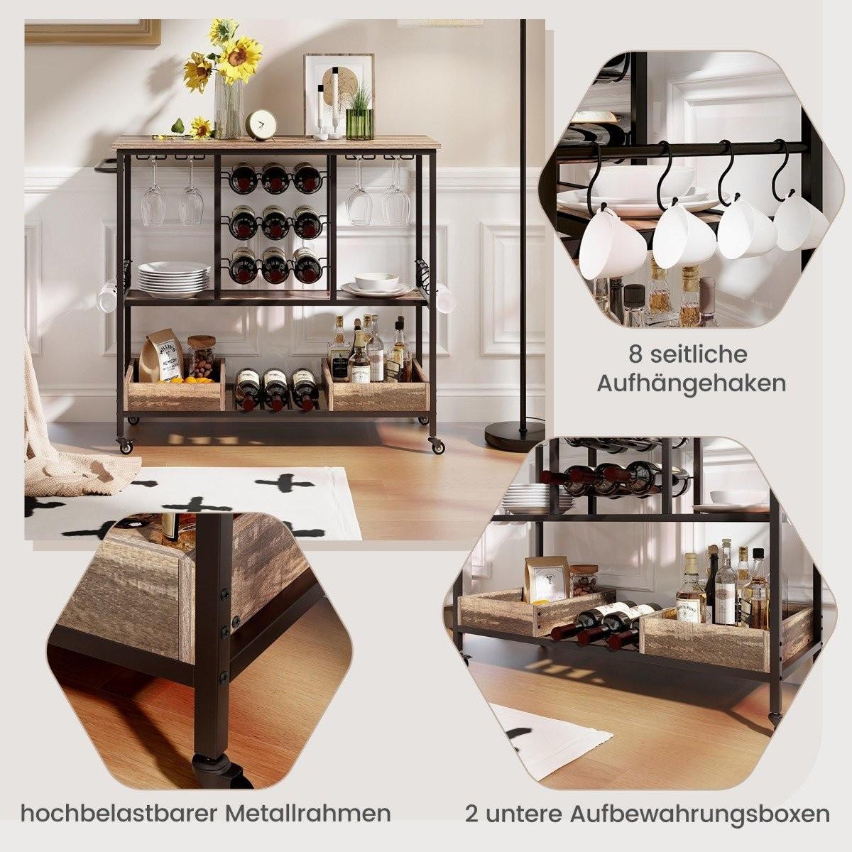 B2X 108 x 40 x 91 cm 3-Stöckig Küchenwagen mit Rollen & Glashaltern & Weinregal & Haken Servierwagen Rollwagen Grau  