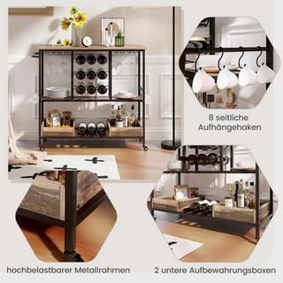 B2X 108 x 40 x 91 cm 3-Stöckig Küchenwagen mit Rollen & Glashaltern & Weinregal & Haken Servierwagen Rollwagen Grau  