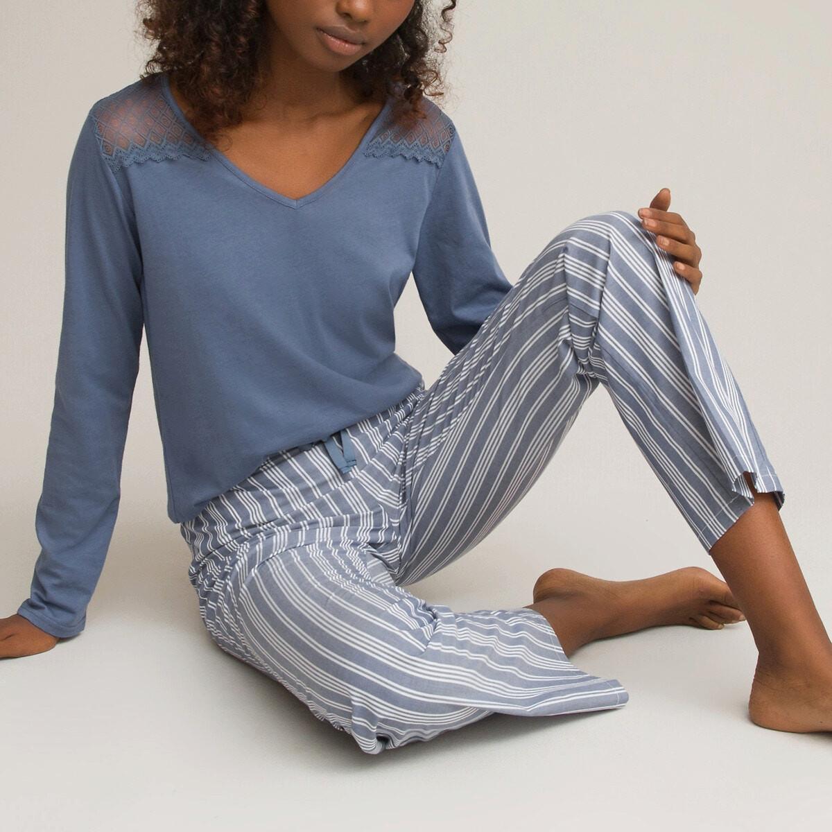 La Redoute Collections Ensemble Pyjama Haut Détail Dentelle et Pantalon Rayé  