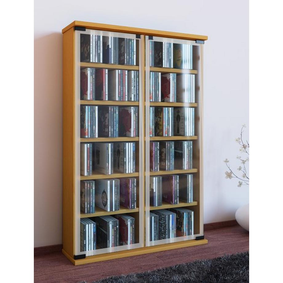 VCM CD Regal Holz | CD Schrank mit ESG-Sicherheitsglastüren für 300 CDs oder 130 DVDs 72-Videos | Maße: H. 92 x B. 60 x T. 18 cm | Elegantes DVD Regal |  