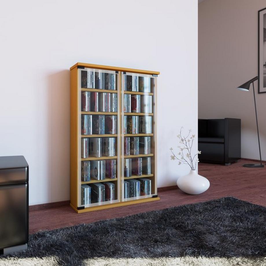 VCM CD Regal Holz | CD Schrank mit ESG-Sicherheitsglastüren für 300 CDs oder 130 DVDs 72-Videos | Maße: H. 92 x B. 60 x T. 18 cm | Elegantes DVD Regal |  