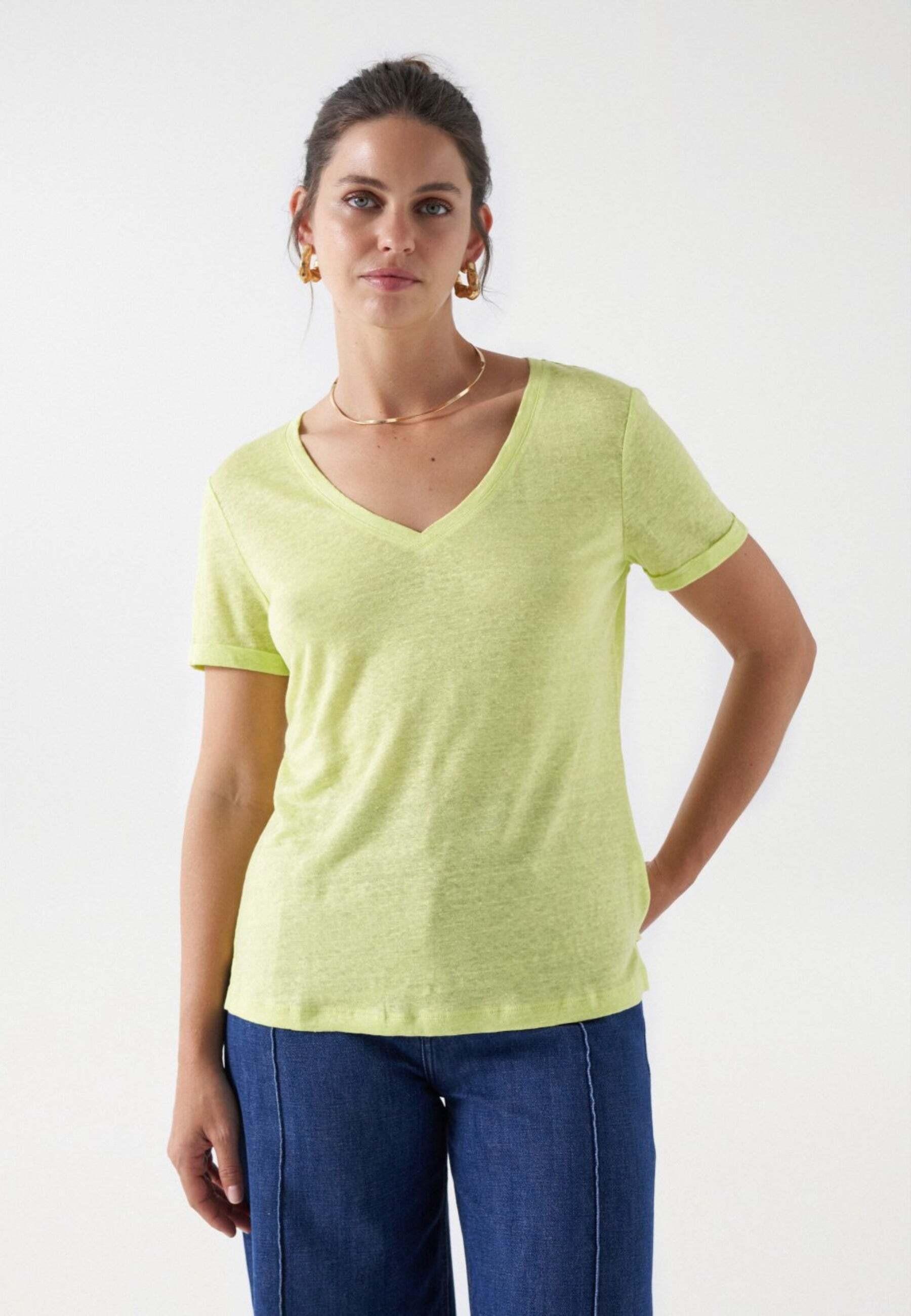 Image of T-shirts Linen V-neck T-shirt Damen Hellgrün XL