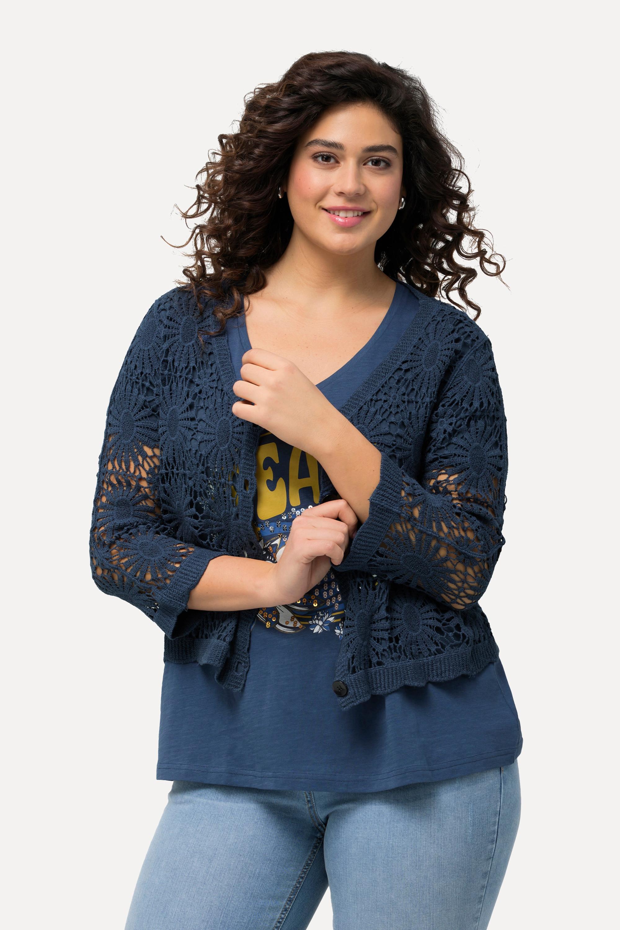 Ulla Popken  Cardigan décolleté en V et manches 3/4, maille avec motifs 