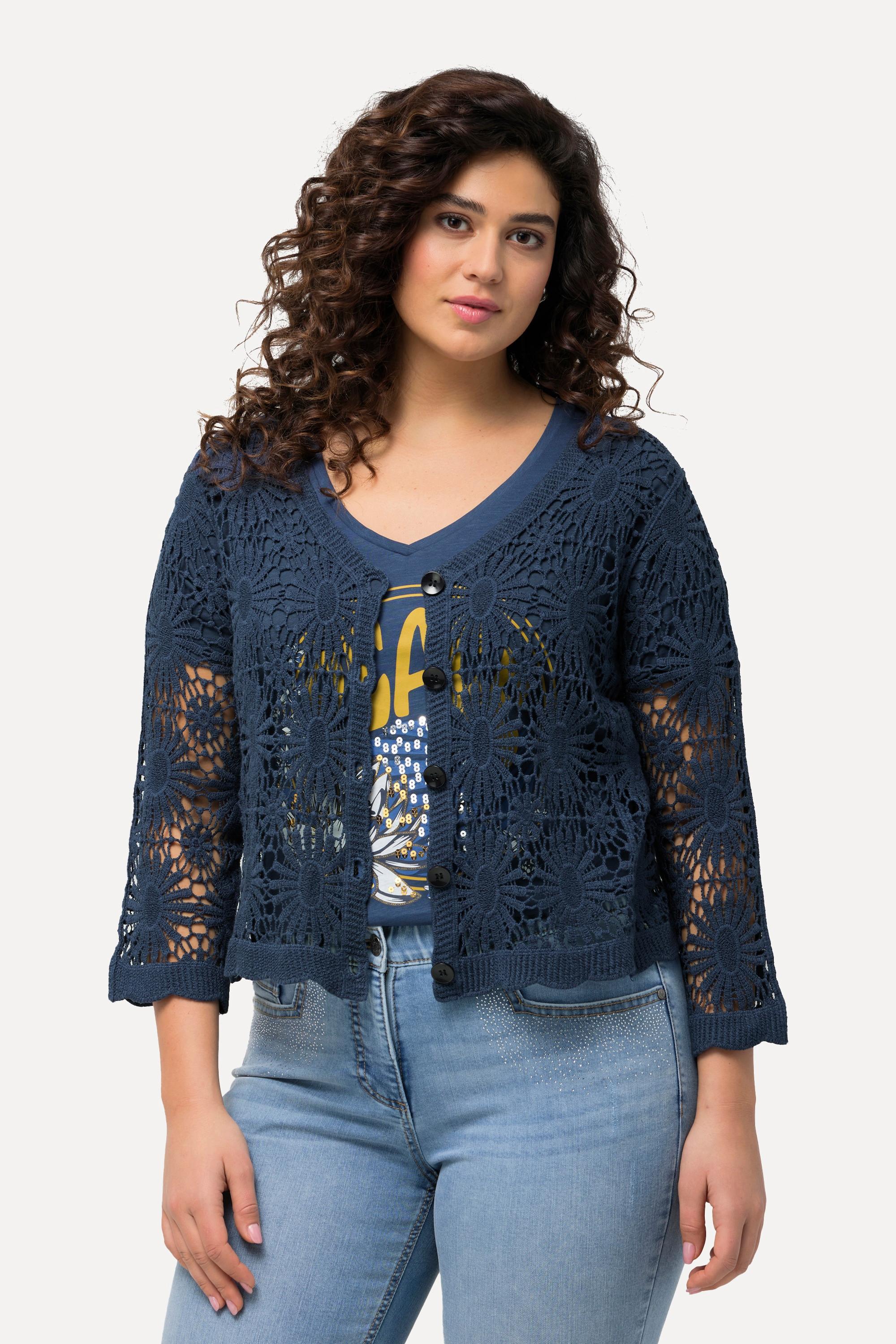 Ulla Popken  Cardigan décolleté en V et manches 3/4, maille avec motifs 