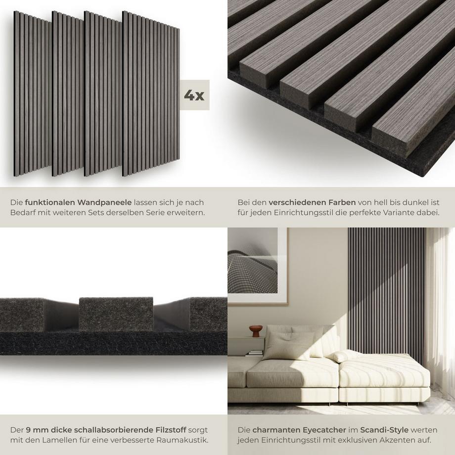 Tectake Pannelli acustici Sonic Wall Effetto legno in rovere grigio chiaro - Set da 4 pezzi  