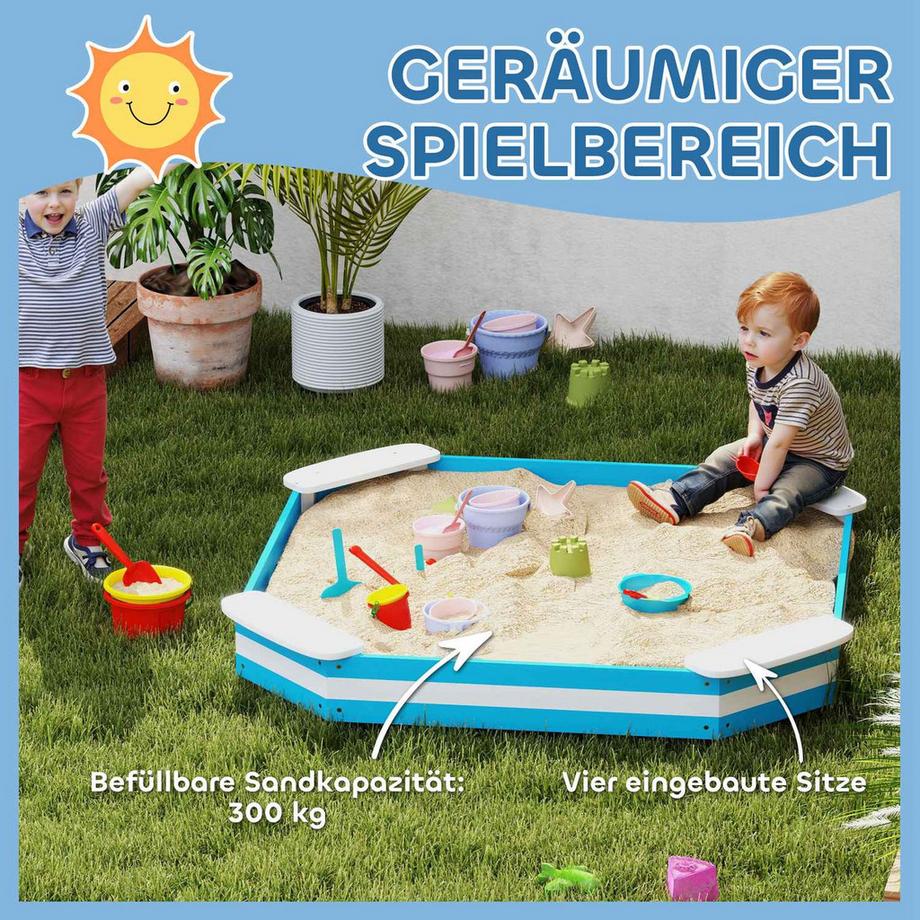 Northio  Sandkasten 133 x 108 cm Sandkiste aus Holz Sandbox mit Sitzbank, Bodenschutzfolie für 4 Kinder 3-7 Jahre Blau Aosom 