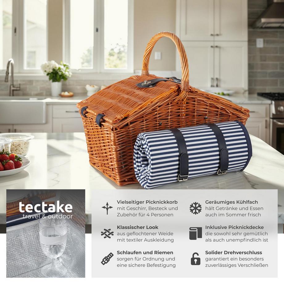 Tectake  Panier pique-nique USEDOM pour 4 personnes avec couverture de pique-nique 