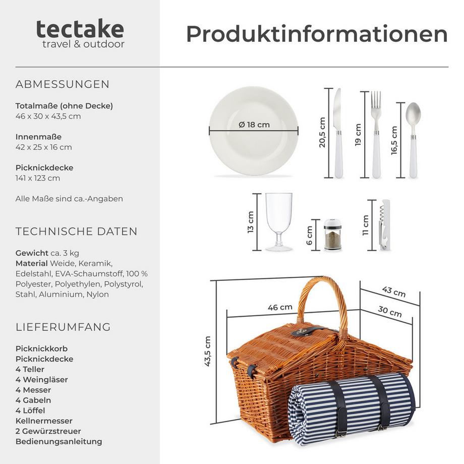 Tectake  Panier pique-nique USEDOM pour 4 personnes avec couverture de pique-nique 