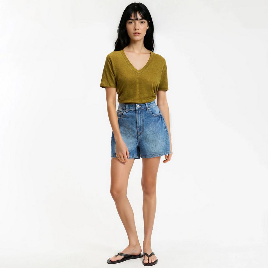 La Redoute Collections Leinen Kurzarm V-Ausschnitt T-Shirt  