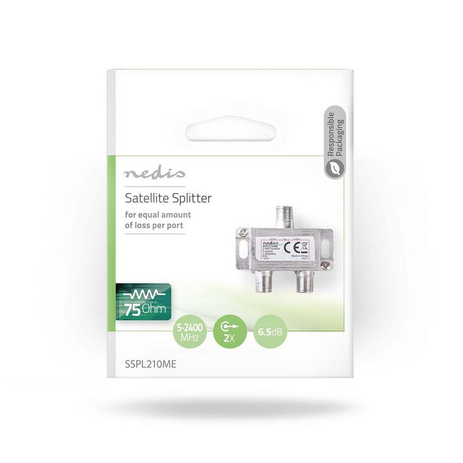 Nedis  Satellitensplitter | 5 - 2400 MHz | 6,5 dB | Anzahl der Eingänge: 1 | Anzahl der Ausgänge: 2 | Impedanz: 75 Ohm | Zink | Silber 