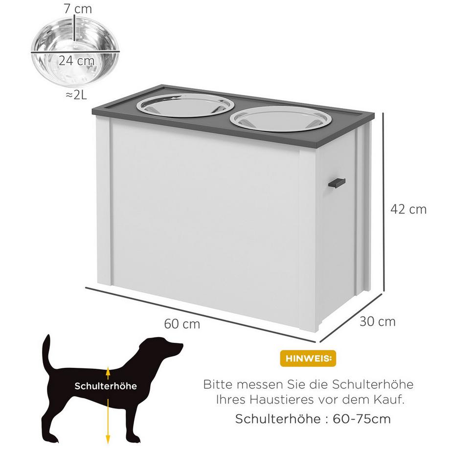Northio  Gamelle pour chien, station d'alimentation pour chien avec espace de rangement, gamelle d'eau, support de gamelle avec gamelles en acier inoxydable de 2 L, support de gamelle pour chien, gamelle pour grands chiens, blanc 